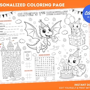 Jogo americano para colorir com tema de dragão para aniversário (editável): Folha de atividades imprimível para festa no castelo (download digital)