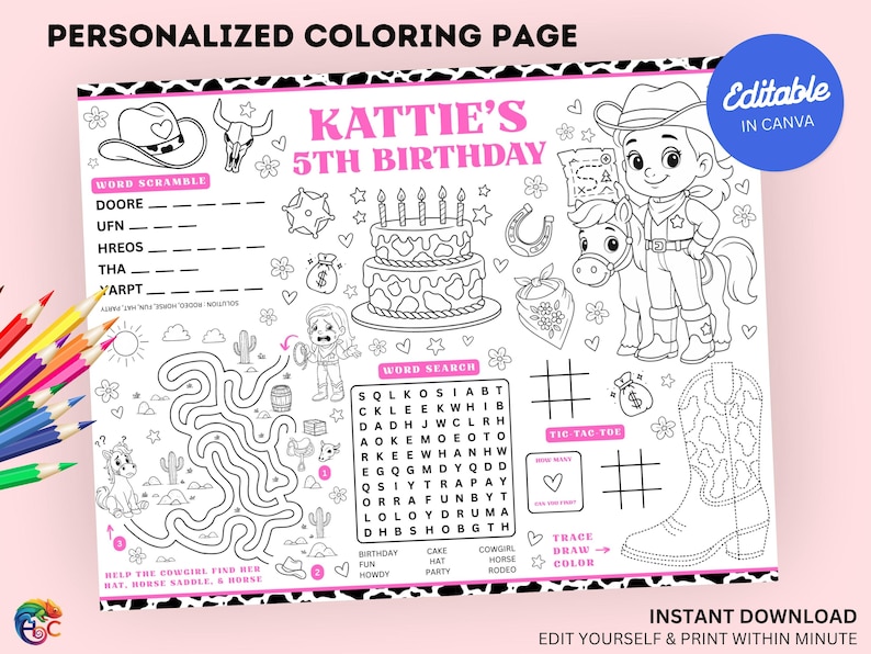 Editable Pink Cowgirl Birthday Coloring Placemat : Girl Rodeo Party ...