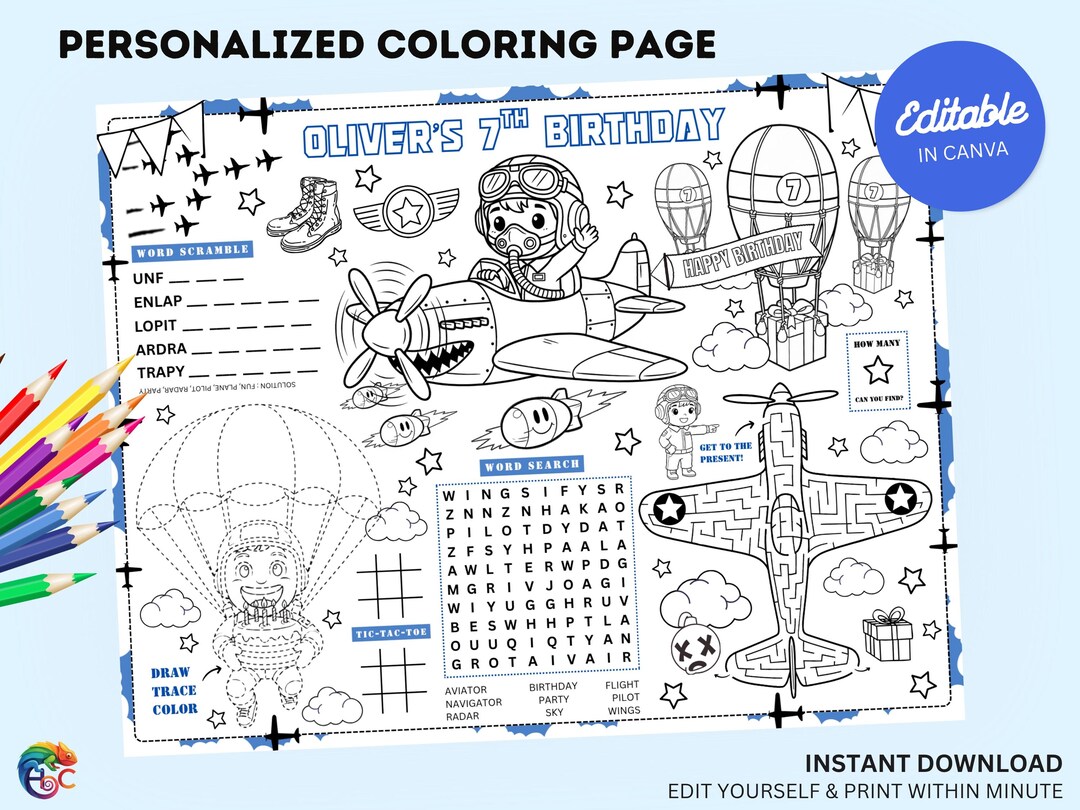 Editable Aviator Birthday Coloring Placemat : Airplane Pilot Party ...