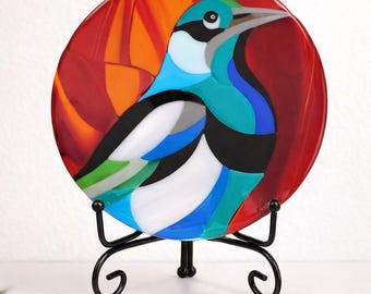 Handmade Fused Glass Bird Art, Round Sun Сatcher Decor, Colorful Jewel Tones