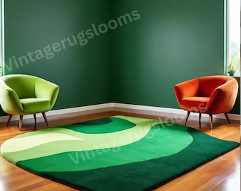 Hand-Tufted Green Wool Rug | Abstract Wave, Contemporary Decor 9x12