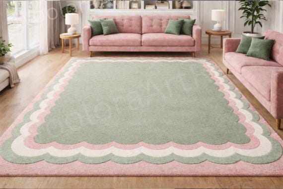 Modern Scalloped Border Hand-Tufted Wool Area Rug - Sage Green & Dusty Rose
