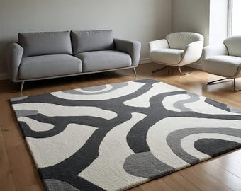 Abstract Wool Rug: Grey, Black & White Hand-Tufted Carpet 6x9