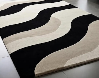Modern Black Cream Abstract Rug, Hand Tufted Wool Wave Carpet, Luxury Minimalist Area Rug