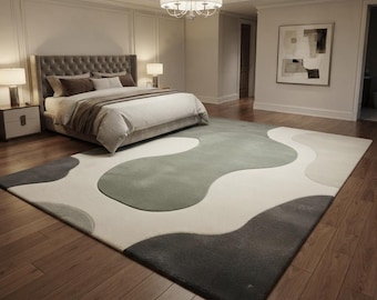 Modern Abstract Hand Tufted Wool Area Rug, Luxury Cream Sage Green & Charcoal Carpet