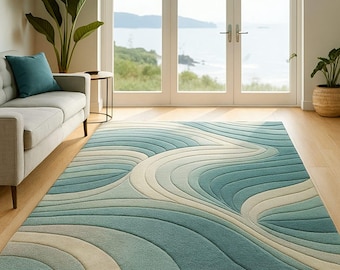 Handmade Wool Area Rug – Coastal Waves, Aqua Blue Teal Carpet 6x8 6x9