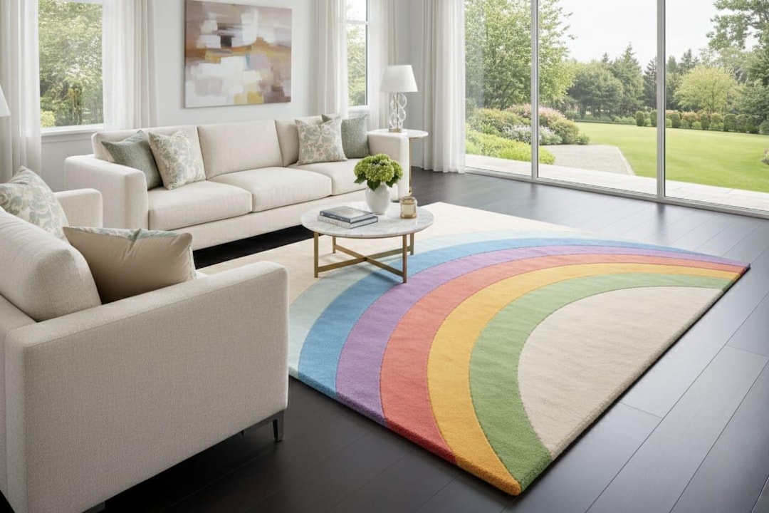 Rainbow Area Rug, Colorful Modern Rug, Hand Tufted Wool Carpet, Pastel ...