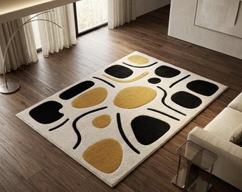 Hand Tufted Abstract Wool Area Rug | Modern Black Gold & ivory carpet l