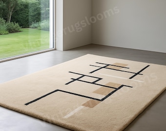 Tappeto astratto geometrico in lana trapuntato a mano – Beige, tappeto minimalista per soggiorno