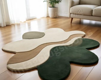 Hand Tufted Wool Rug, Abstract Organic Shape, Forest Green Beige Carpet
