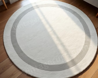Hand Tufted Wool Round Rug, Modern Bordered Carpet, Minimalist Neutral Decor