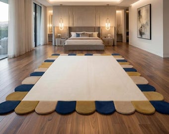 Hand Tufted Wool Scallop Border Rug, Modern Ivory Area Rug, Blue Mustard Accent