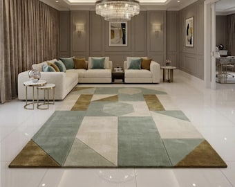 Hand Tufted Wool Geometric Rug, Modern Sage Green Abstract Carpet