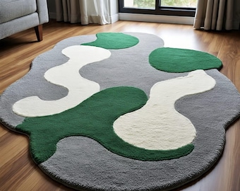 Abstract Green and Grey Rug, Modern Irregular Shape, Plush Area Rug