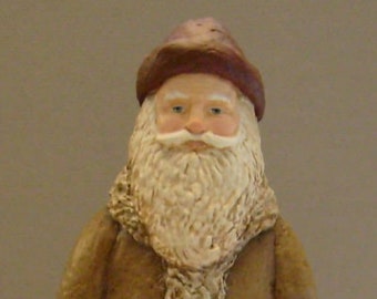 Santa in Tan Coat, OOAK Hand Sculpted, Paper Mache Clay, Folk Art Table Topper