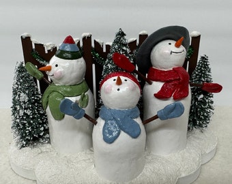 Three Snow People Vignette, 3 Snowmen, OOAK Hand Sculpted, Paper Mache Folk Art Table Topper, One of a Kind Collectible paper mache art