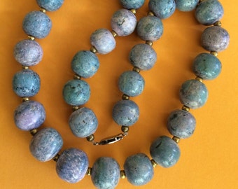 Big Blue Clay Bead Necklace With Brass Bead Spacers