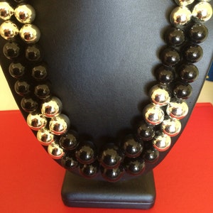 Vintage Double Strand of Big Black and Silvertone Light Weight Graduated Beads