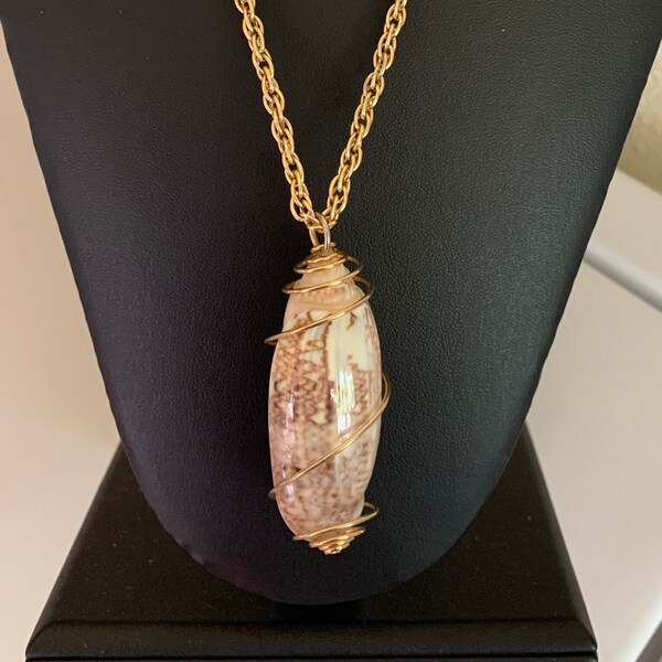 Gold Wire Wrapped Olive Shell Pendant With Shiny Gold Chain Necklace