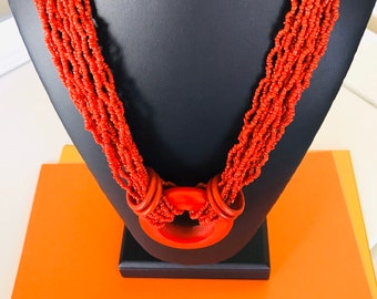 Multistrand Vintage Coral Red and Silver Glass Seed Bead Necklace with Lucite Rings