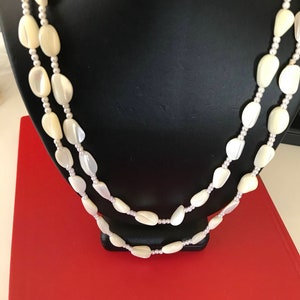Long Mother of Pearl Bead Necklace With Three Faux Pearl Spacers Between Each Bead image 1