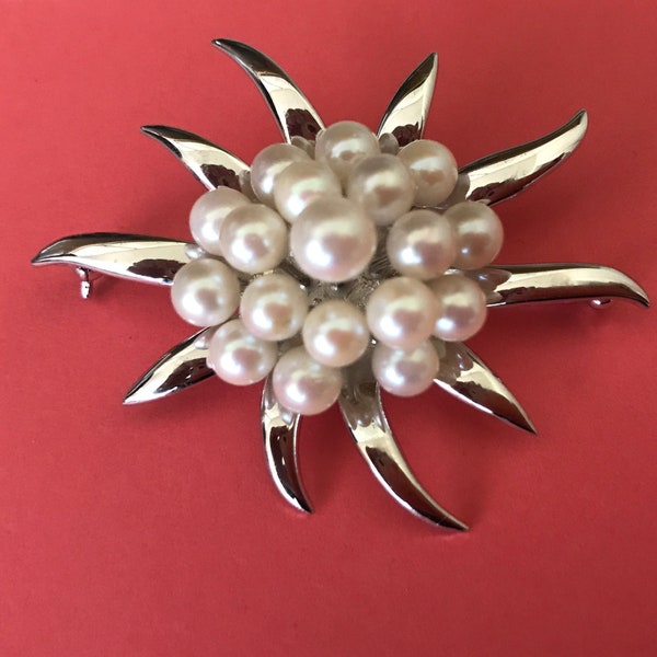 Sterling Silver and Japanese Akoya Genuine Bubble Pearl Stylized Burst Brooch