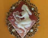 Vintage Harp Player Diamond Cameo In Gold Filigree and Faux Pearl Setting