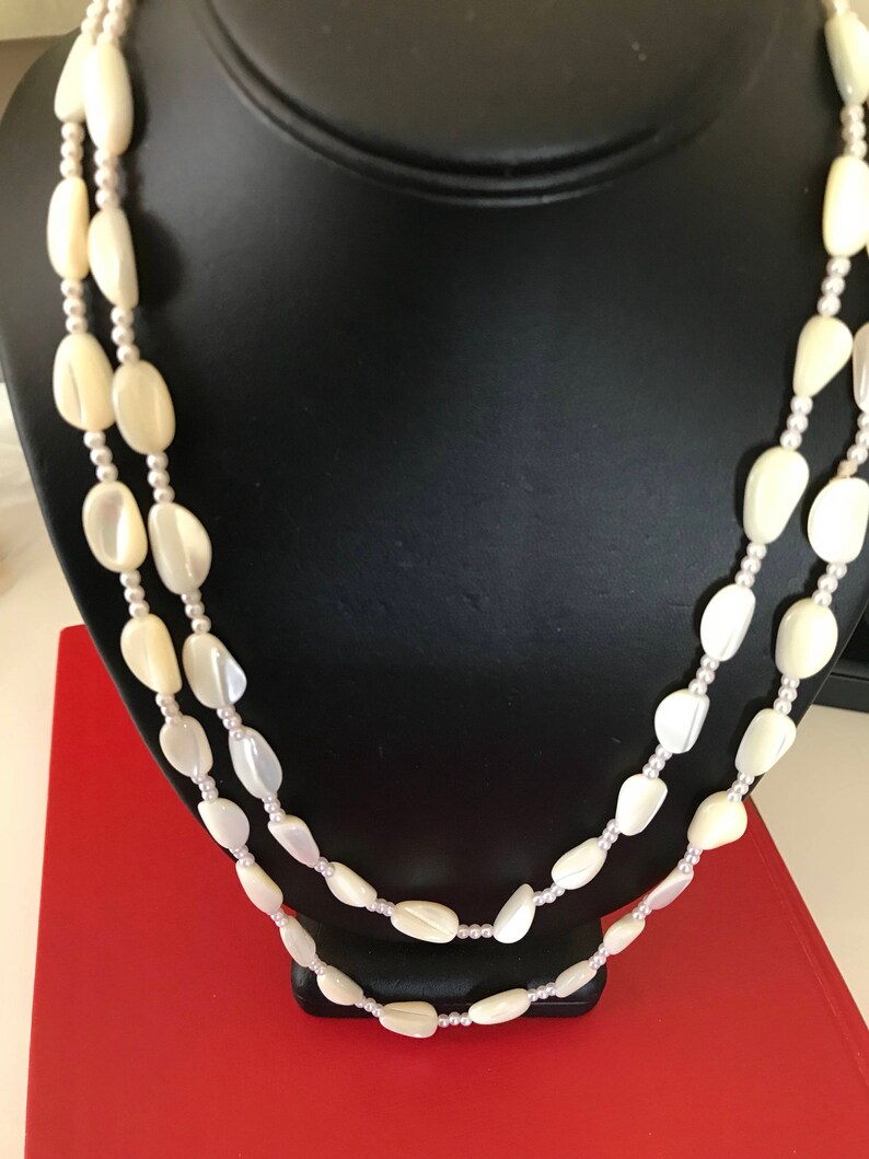 Long Mother of Pearl Bead Necklace With Three Faux Pearl Spacers Between Each Bead image 1