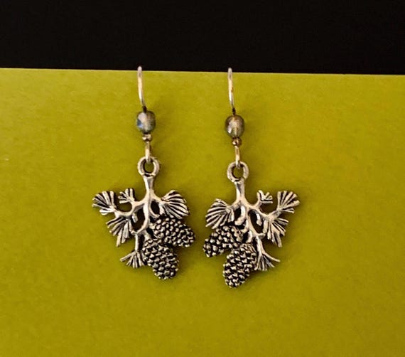 Silver Pine Cone and Pine Needle Branch Earrings