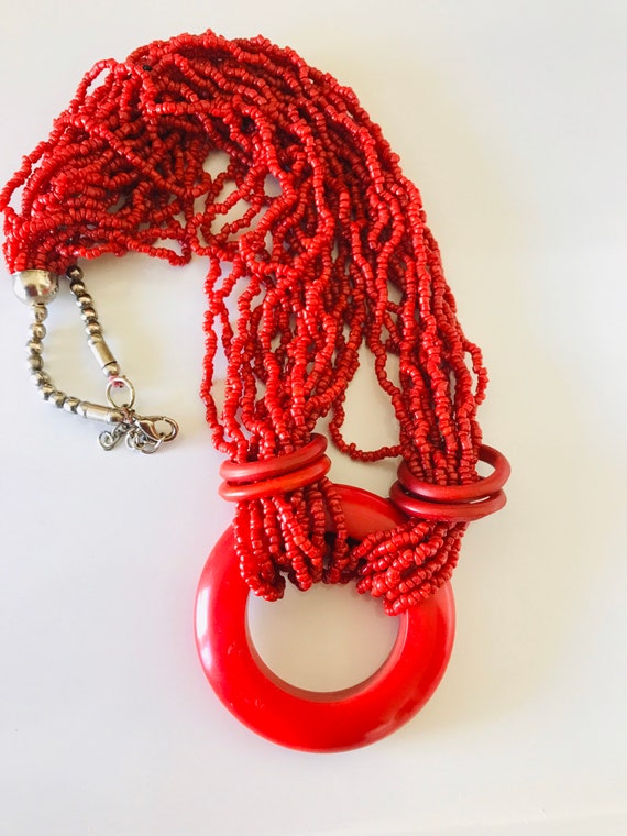 Multistrand Vintage Coral Red and Silver Glass Se… - image 6