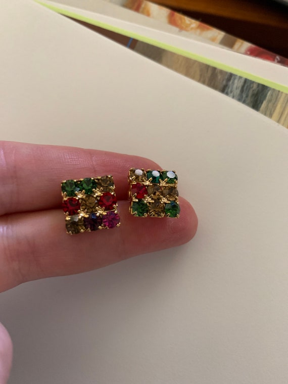 Square Multicolored Rhinestone Pierced Earrings - image 9