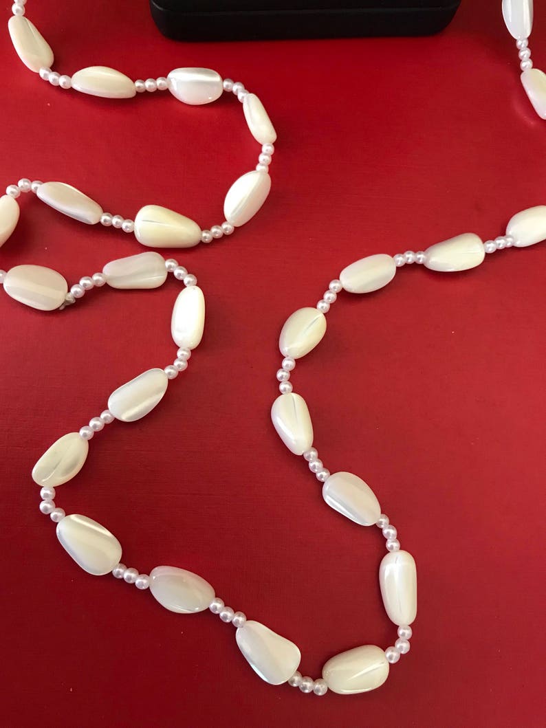 Long Mother of Pearl Bead Necklace With Three Faux Pearl Spacers Between Each Bead image 5
