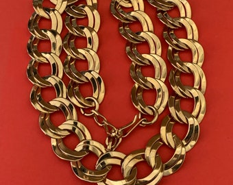 Vintage Warm Shiny Gold Double Link Chain Collar Necklace with Adjustable Hook and Chain Closure