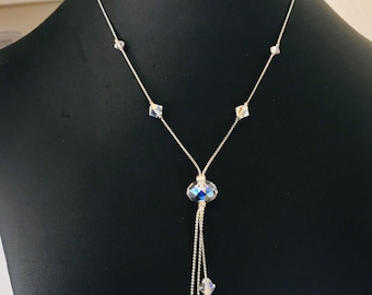 Aurora Borealis Crystal Bead and Silvertone Chain Tassel Necklace