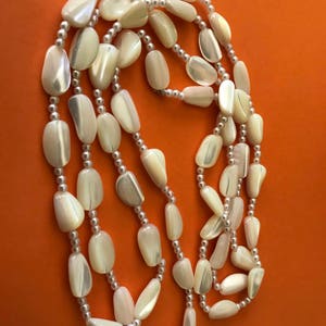 Long Mother of Pearl Bead Necklace With Three Faux Pearl Spacers Between Each Bead image 3