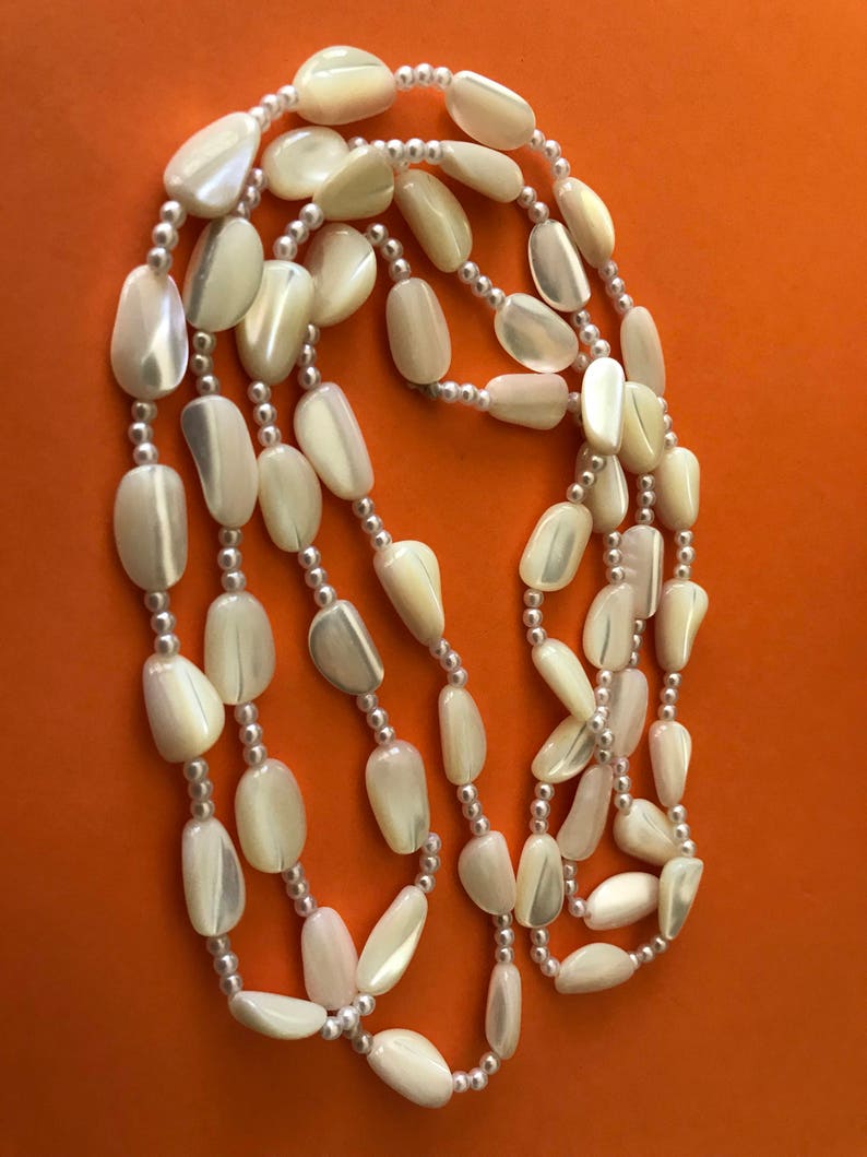 Long Mother of Pearl Bead Necklace With Three Faux Pearl Spacers Between Each Bead image 3