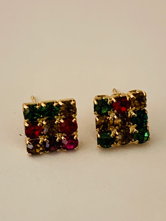 Square Multicolored Rhinestone Pierced Earrings - image 8