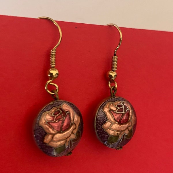 Beautiful Cloisonné  Enamel Gold Double Sided Rose Flower Dangle Earrings