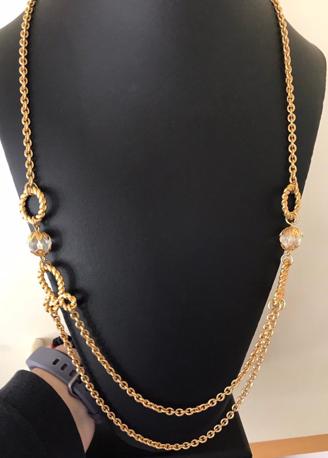 Long Gold Plated Two Layer Swag Chain Necklace With Faceted Etsy