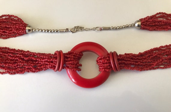Multistrand Vintage Coral Red and Silver Glass Se… - image 3