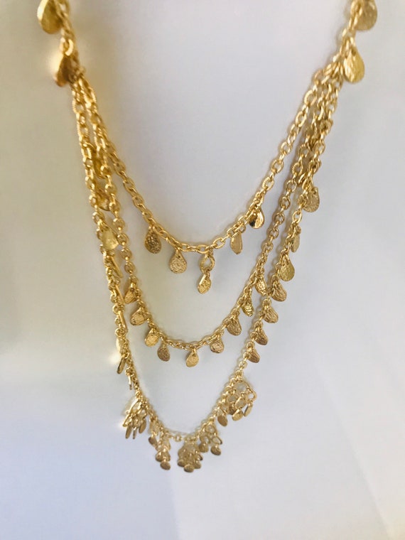 Triple Layered Gold Tone Swag Chain Necklace With… - image 5