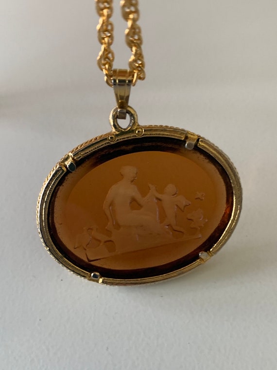 Brown Intaglio Glass Pendant Necklace With a Woma… - image 1