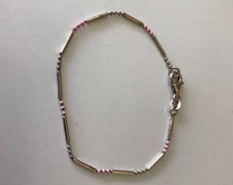 925 Sterling Silver 7 1/4 inch Silver Bead and Long Link Bracelet With Pink Enamel Highlights