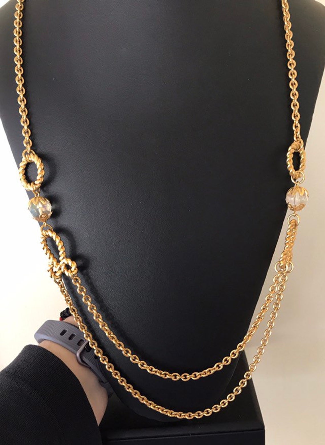 Long Gold Plated Two Layer Swag Chain Necklace With Faceted Etsy