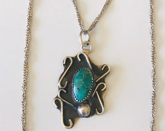 Native American Sterling Silver and Natural Turqoise Stone Abstract Decorative Pendant Necklace