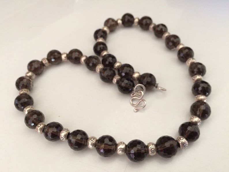 Vintage 925 Sterling Silver and Faceted Clear Taupe Brown Bead Necklace