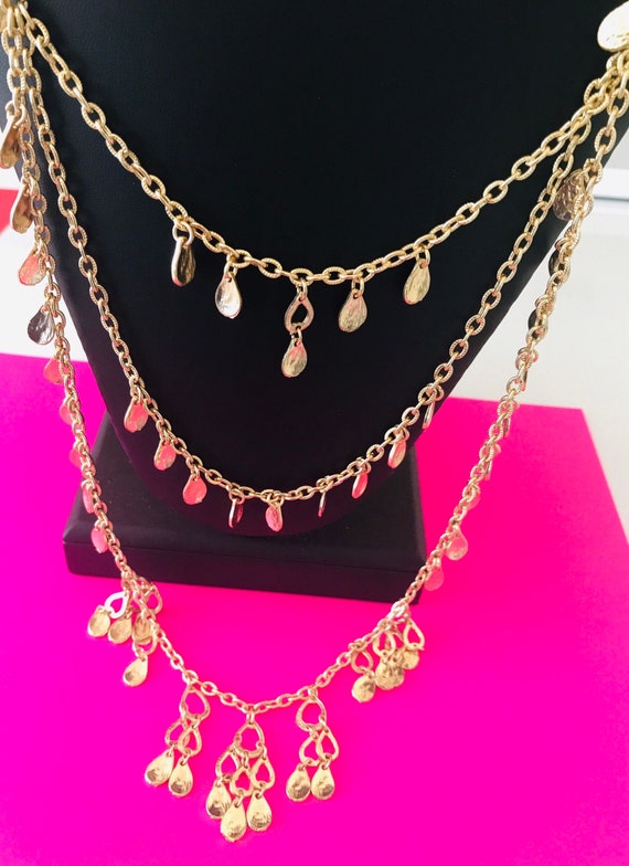 Triple Layered Gold Tone Swag Chain Necklace With… - image 1