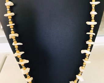 Beautiful Bright Gold Bead Off White Mother of Pearl Abstract Vintage Bead Necklace