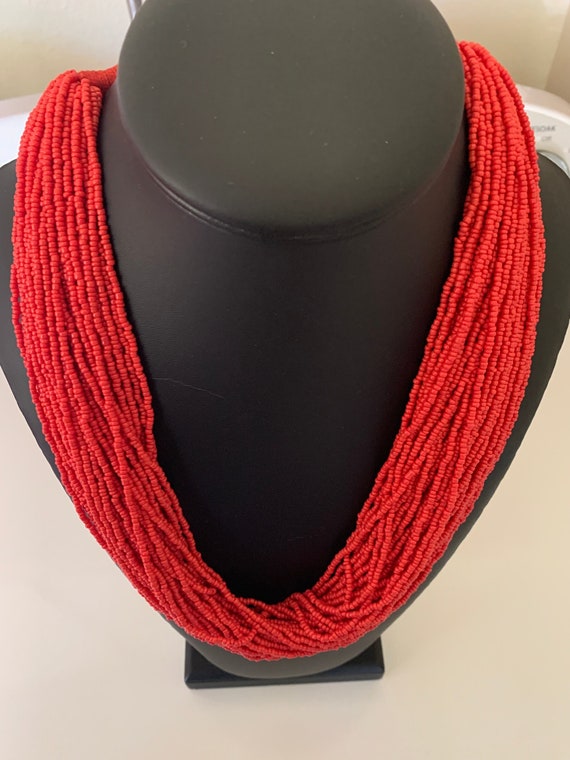 50 layer Red Seed Bead Necklace with String Wrapp… - image 2