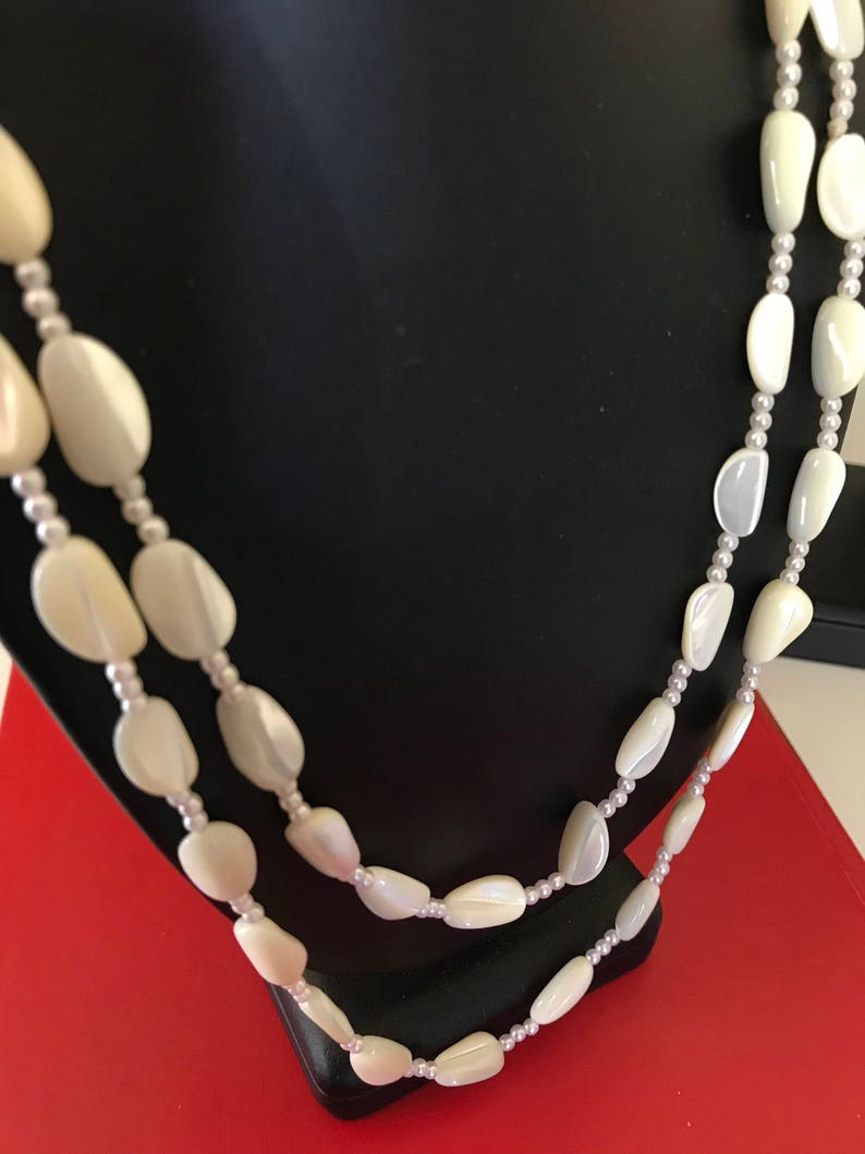 Long Mother of Pearl Bead Necklace With Three Faux Pearl Spacers Between Each Bead image 6
